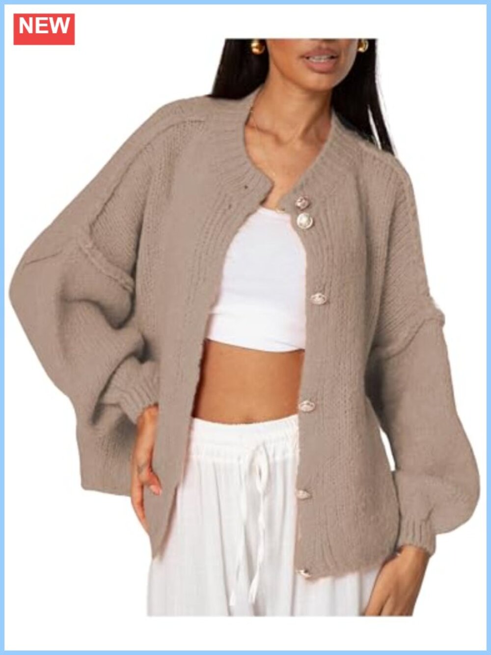 Oversized Chunky Knit Cardigan Women Long Lantern Sleeve Button Up Sweater Coat